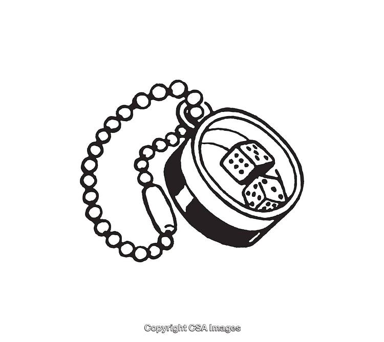 Black and White Line Art of a Keychain with Dice
