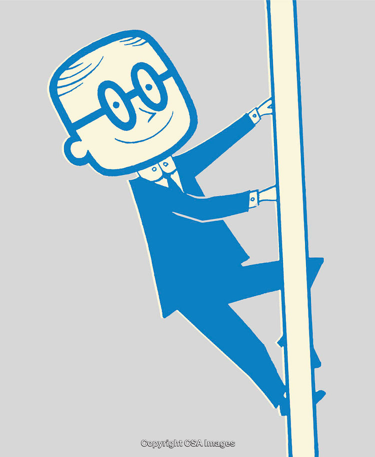 Stylized Cartoon Businessman Climbing a Ladder Symbolizing Success