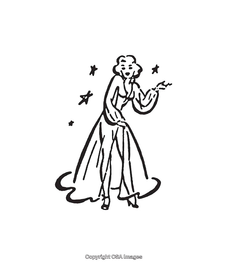 Vintage Line Art Of Woman In Elegant Dress With Decorative Stars
