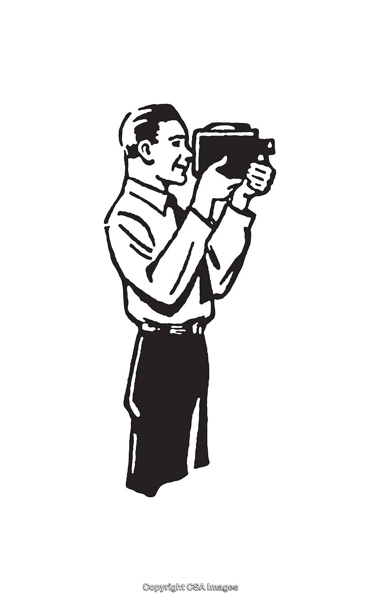 Black-And-White Illustration of a Man Filming with a Vintage Camera