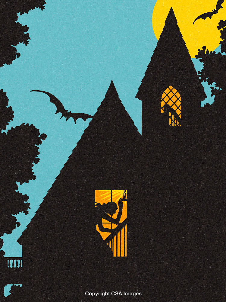 Silhouetted Gothic Scene with Mysterious Activity in a Moonlit House