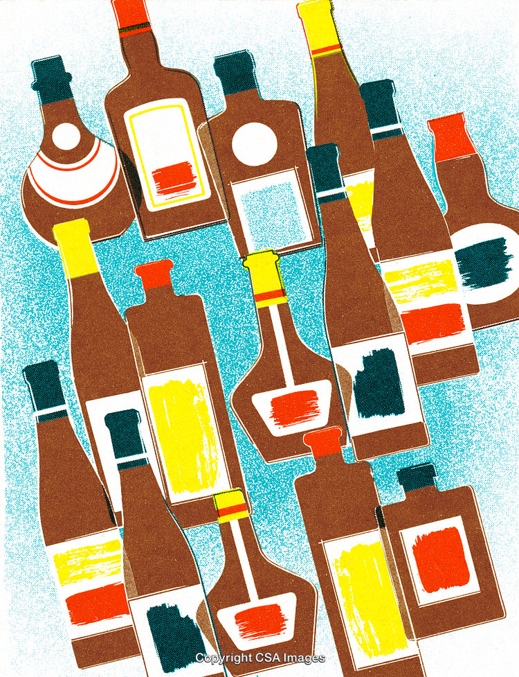 Artistic Composition of Bottles with Vibrant Labels on Blue Background