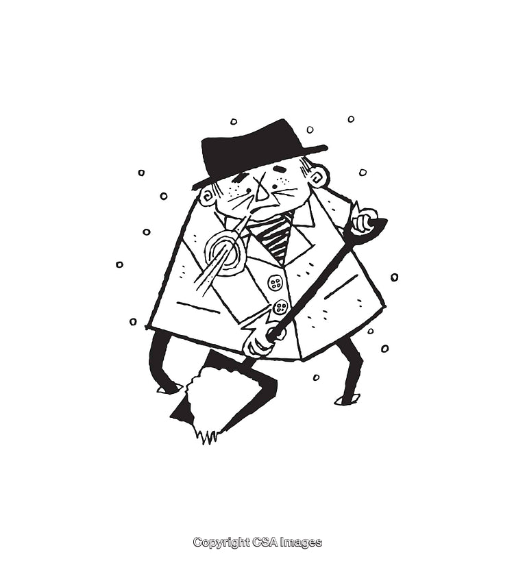 Black and White Illustration of Man Shoveling Snow with Determined Expression