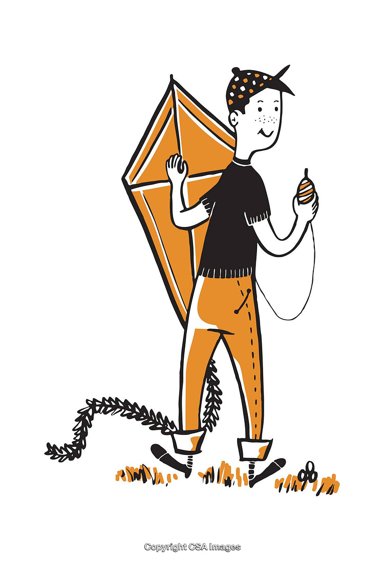 Playful Illustration of a Boy Holding Kite and Enjoying Outdoor Fun