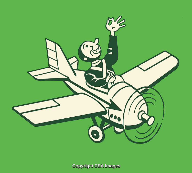 Vintage Style Illustration of Joyful Cartoon Pilot Flying a Small Airplane