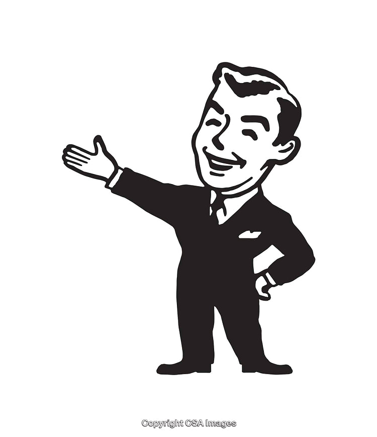 Retro Style Black and White Illustration of a Smiling Businessman Offering a Greeting
