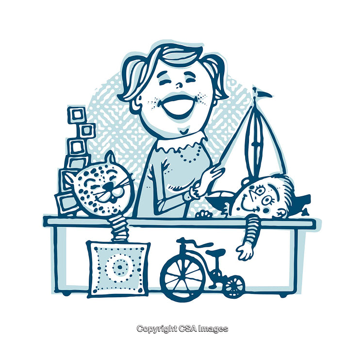 Whimsical Illustration of Toys and Joyful Character in Playful Sketch Style