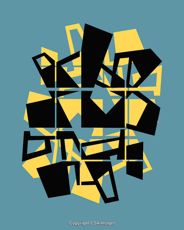 Abstract Geometric Color Illustration with Black and Yellow Shapes on Blue