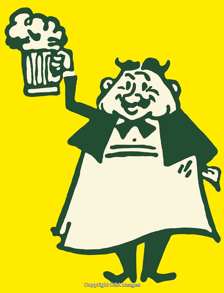 Cheerful Cartoon Waiter Holding a Beer Mug on Vibrant Yellow Background