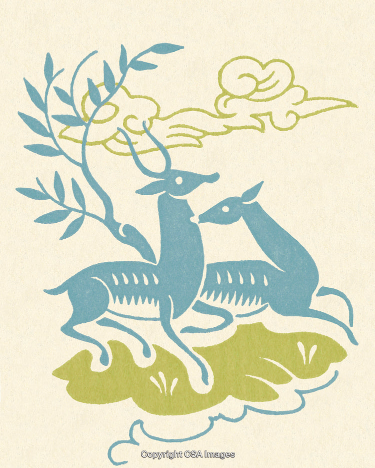 Blue Deer Illustration With Leafy Branches and Cloud Motif on Gentle Background