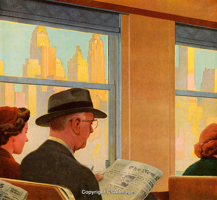 Vintage Illustration of Passengers Reading Newspapers with Urban Skyline View
