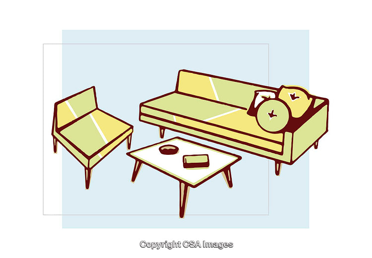 Mid-Century Modern Sofa, Chair, and Table Illustration for Living Room Decor