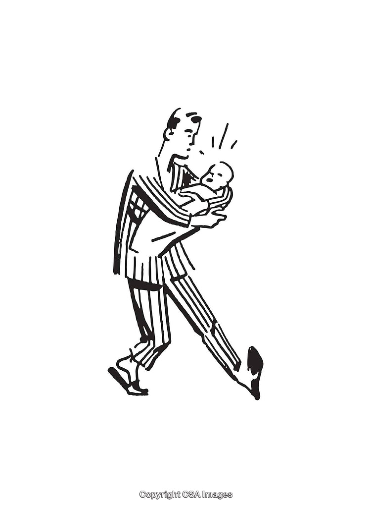 Black and White Line Illustration of a Man Holding a Crying Baby