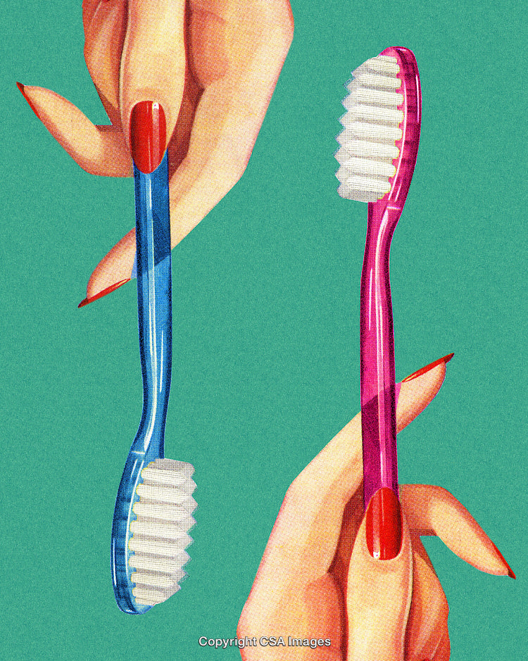 Retro Style Illustration of Hands Holding Blue and Pink Toothbrushes on Green