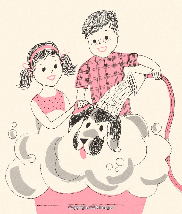 Children Washing a Happy Dog with Suds and a Watering Can