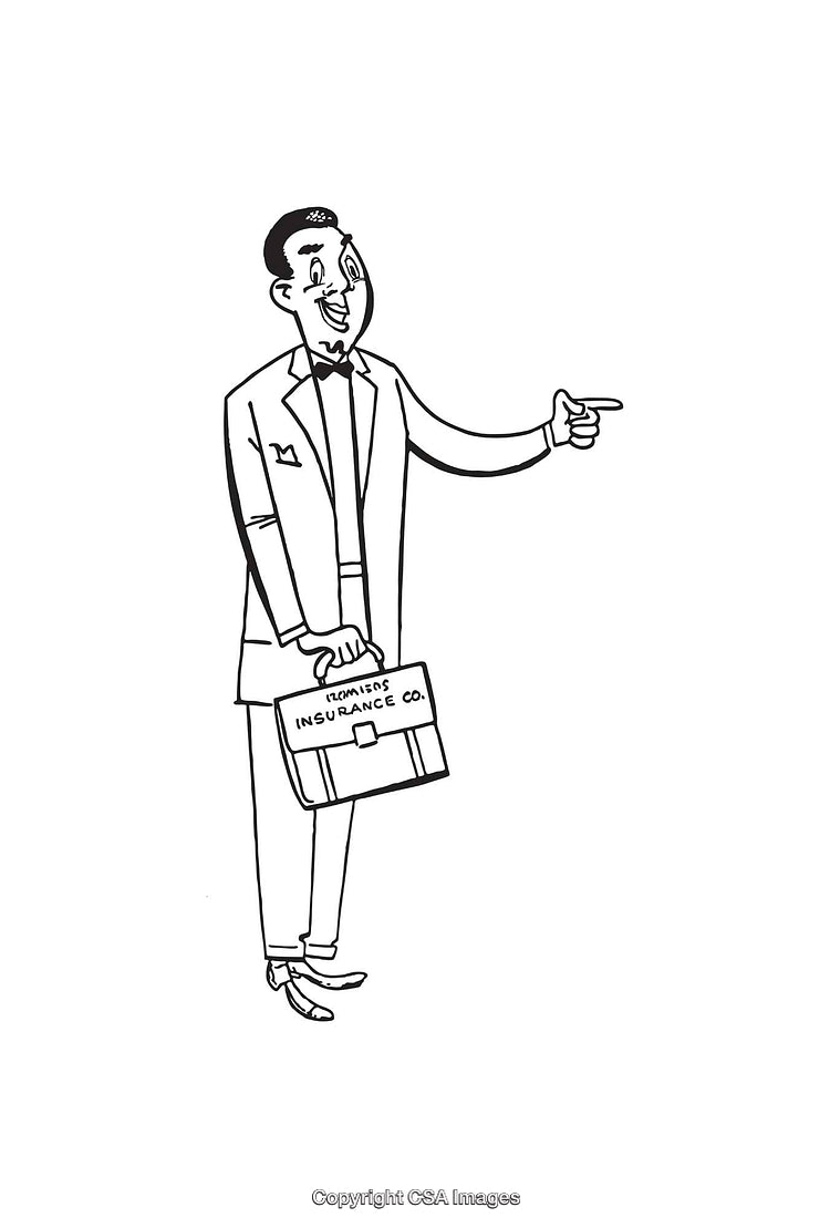 Black And White Line Art Illustration of a Smiling Businessman With Briefcase