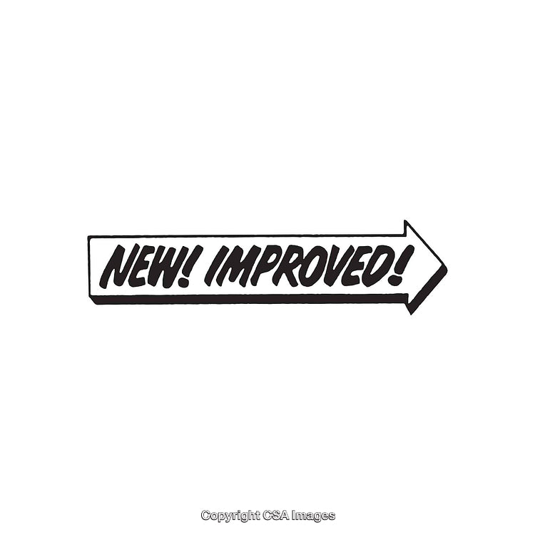Black and White Arrow with Text Promoting New Features and Improvements