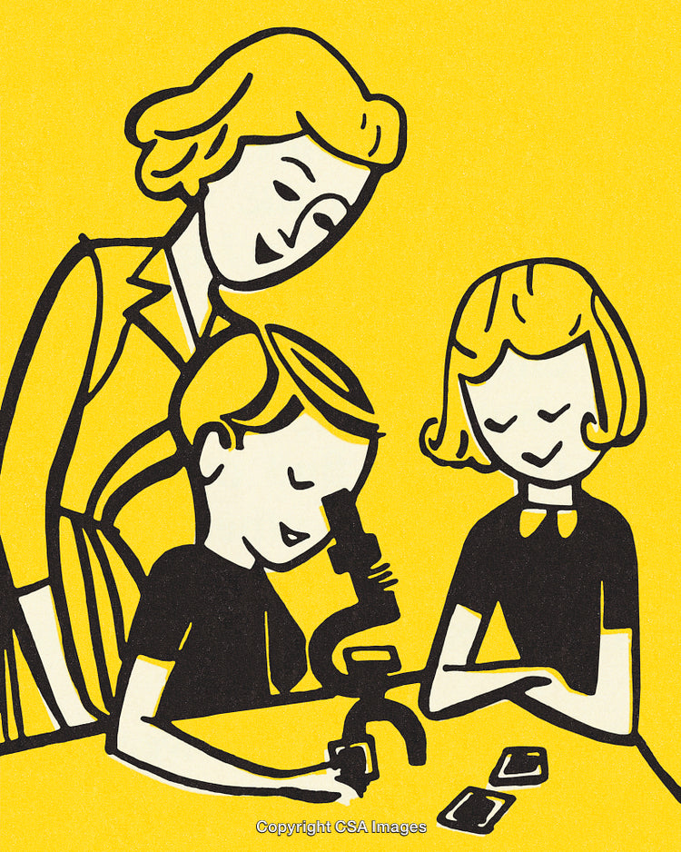 Family Learning Together with a Microscope in Retro Style Artwork