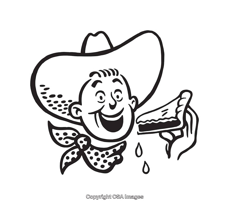 Retro Cowboy Eating a Slice of Pie Cartoon Illustration