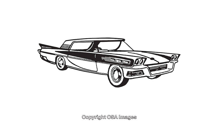 Vintage Line Art Illustration of a Classic Retro Car in Black and White