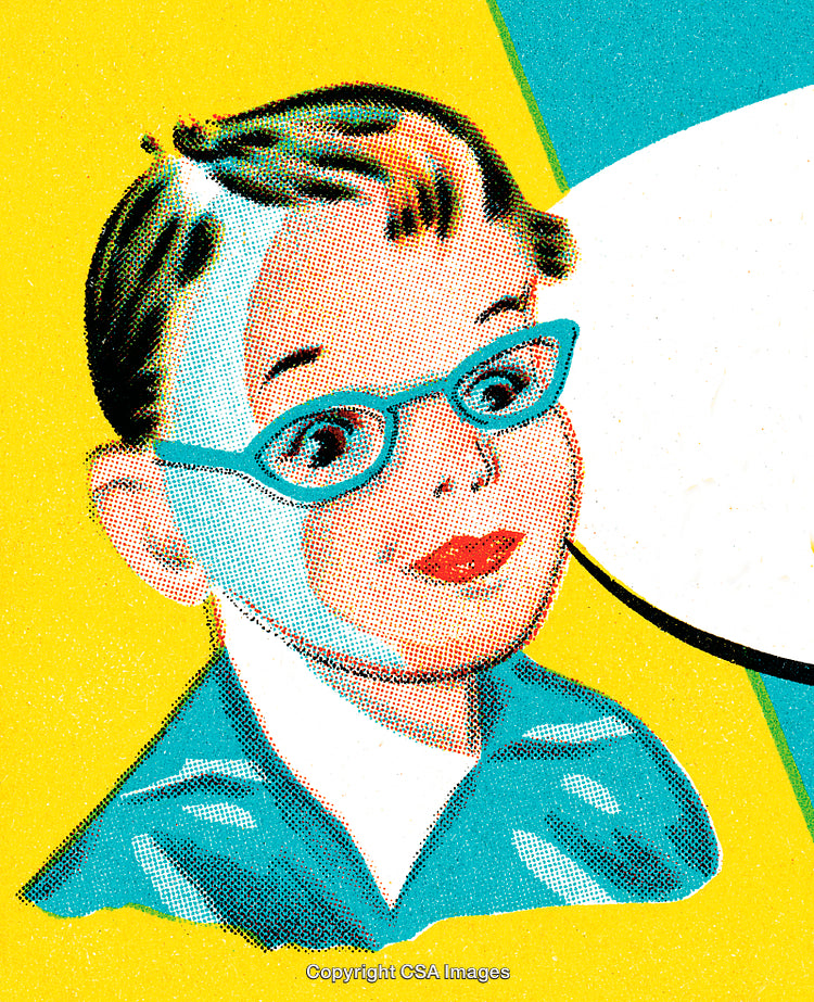 Colorful Retro Illustration of a Smiling Kid Wearing Glasses on Vibrant Background