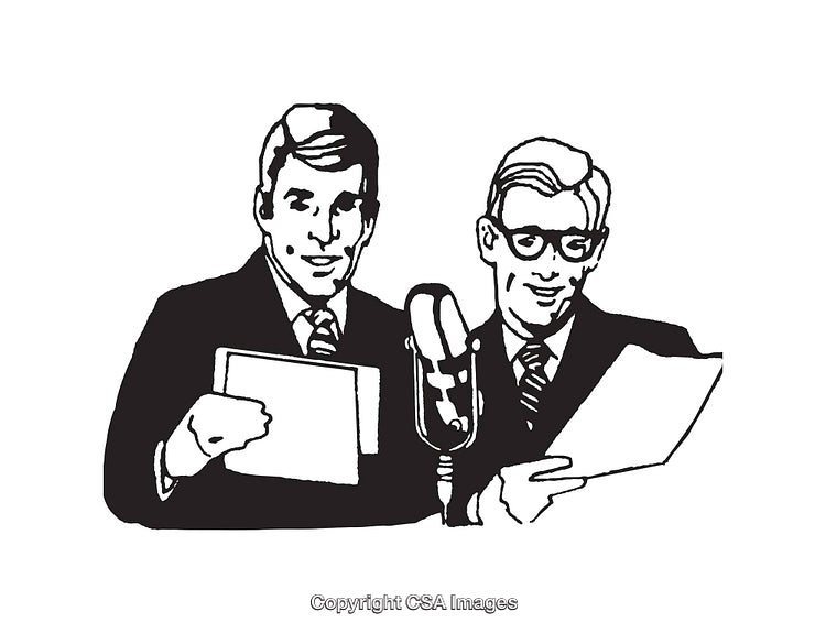 Retro Black and White Line Art of Two Male Broadcasters