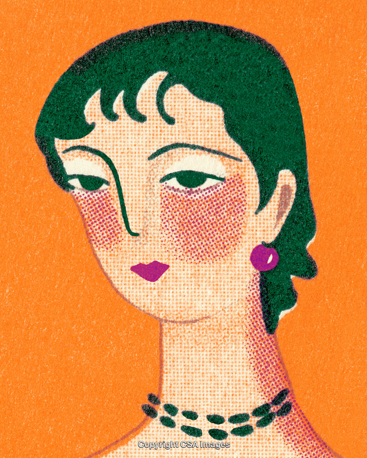 Stylized Portrait of a Woman with Green Hair on Orange Background