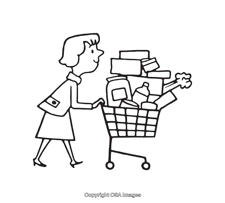 Black and White Line Art of Woman Shopping with Grocery Cart