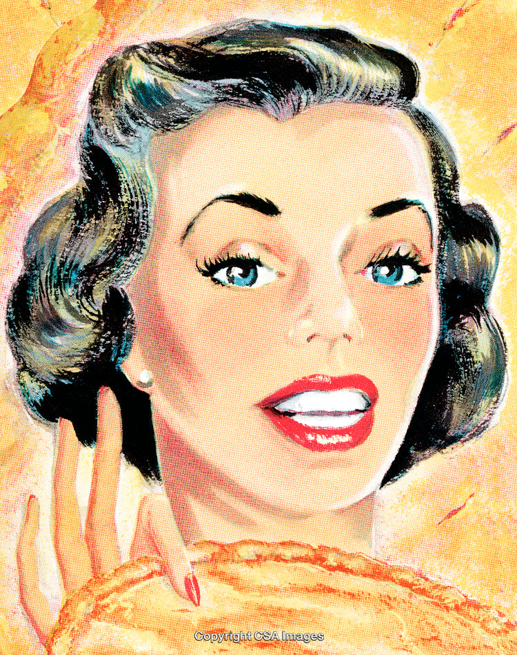 Retro Style Illustration of a Woman Smiling and Holding a Golden Crust Pie