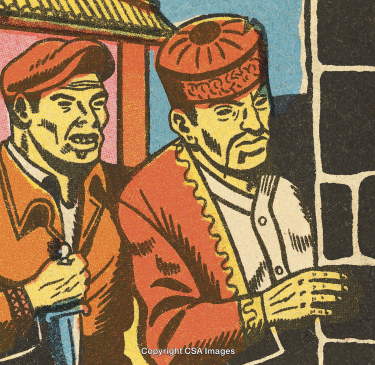 Colorful Illustration of Two Men in Vintage Attire in Traditional Setting