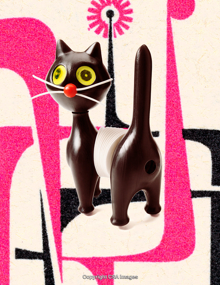 Retro-Inspired Minimalist Plastic Cat Figure with Decorative Background