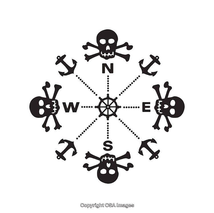 Pirate-Inspired Black and White Compass Illustration With Anchors and Skulls