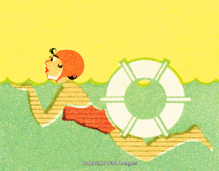 Vintage Inspired Swimmer Illustration With Lifebuoy in Bright Summer Colors