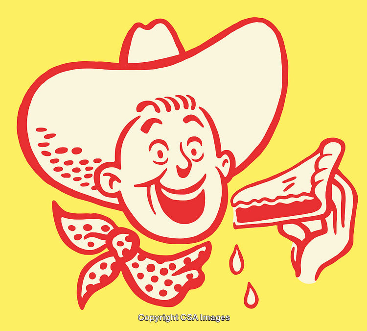 Colorful Retro Cowboy Illustration Holding Slice of Fruit Pie, Vintage Graphic Art