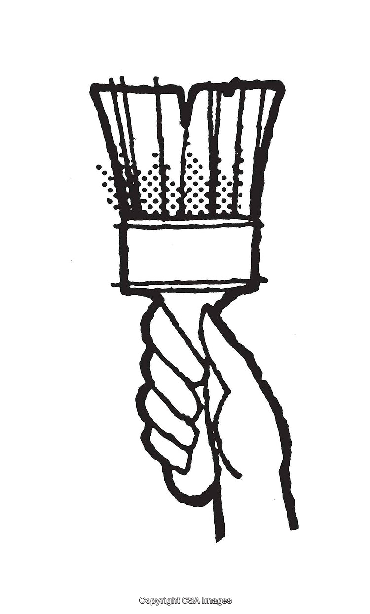 Hand Holding Paintbrush Black and White Line Art Illustration