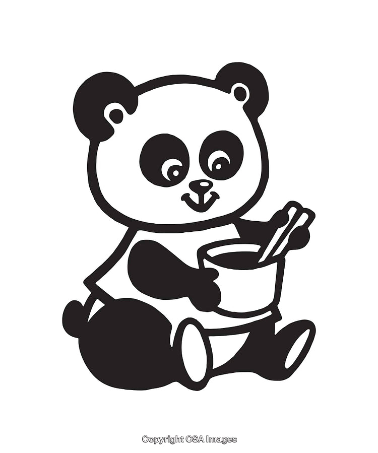 Adorable Panda Eating Noodles Depicted in Black and White Line Art