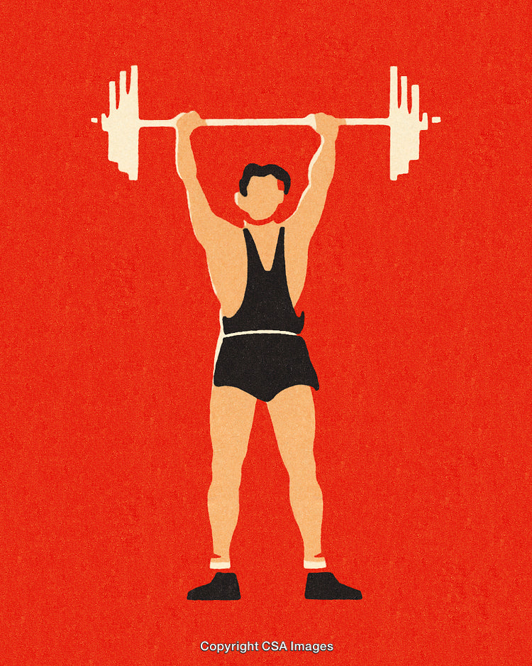 Illustration of a Weightlifter Lifting a Barbell on a Bold Red Background
