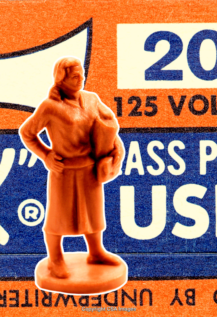 Retro Plastic Figurine with Bold Graphic Background