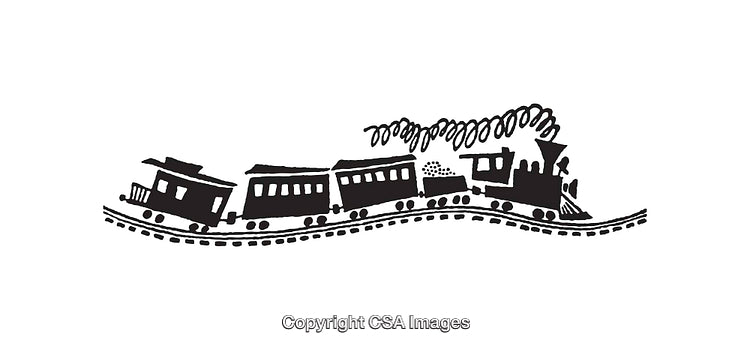 Black and White Line Art of Playful Vintage Steam Train