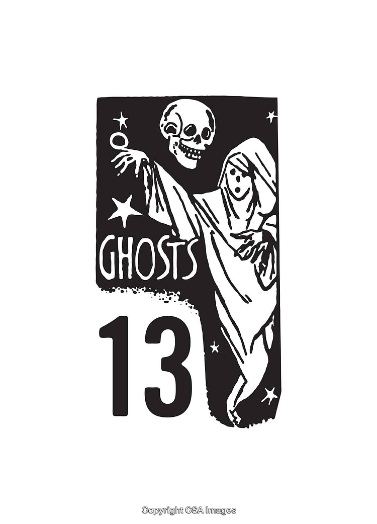 Black and White Line Art Illustration of a Spooky Ghost Scene