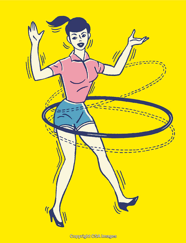 Playful Retro Illustration of Woman Enjoying Hula Hoop Exercise