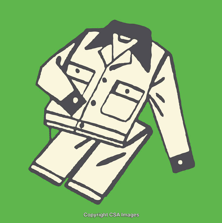 Vintage Outfit Illustration Featuring Jacket and Trousers on Green Background