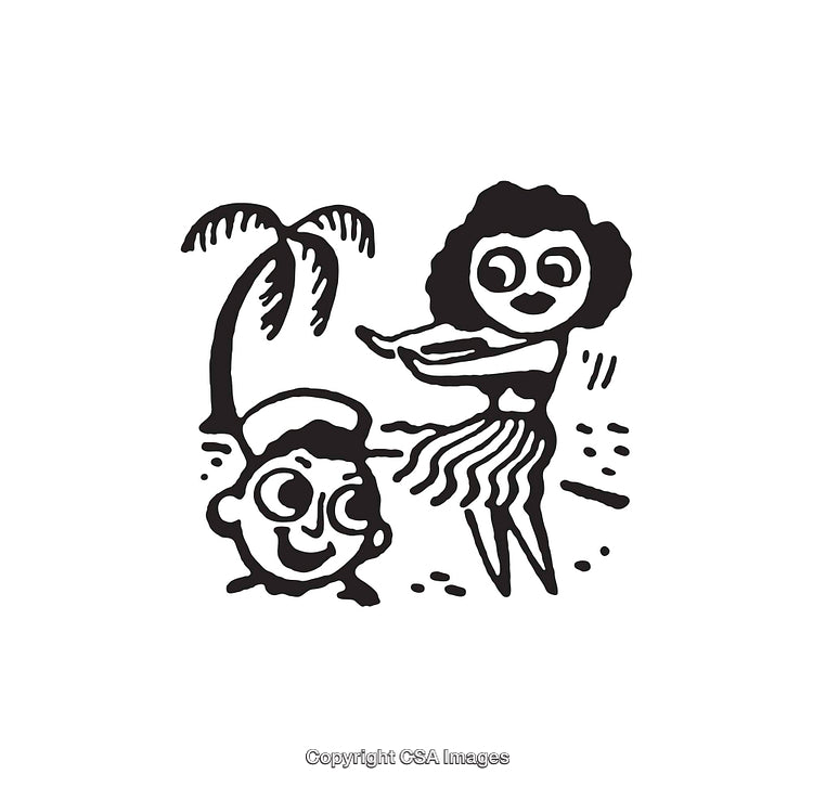 Whimsical Black and White Illustration Featuring Tropical Hula Dancing Scene