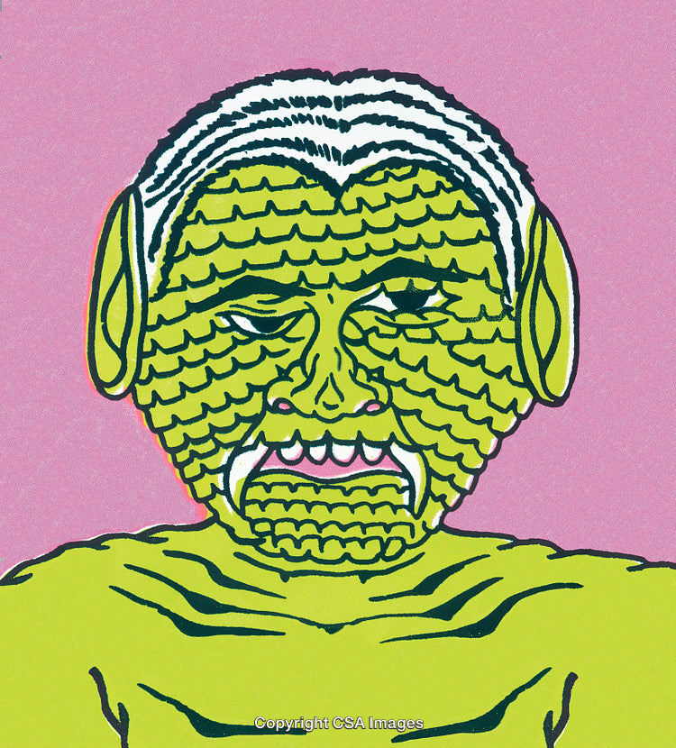 Colorful Illustration of a Green Mythical Creature on a Pink Background