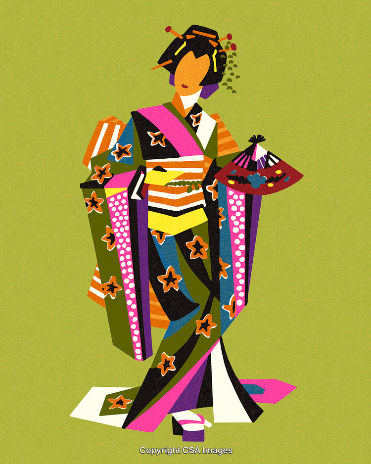 Traditional Japanese Geisha in Vibrant Kimono on Textured Green Background Art