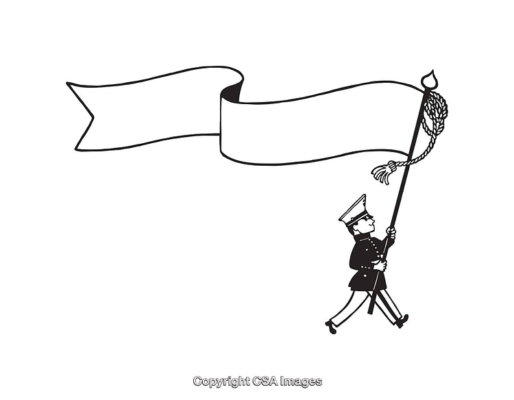Black and White Illustration of Man Carrying Blank Ribbon Flag