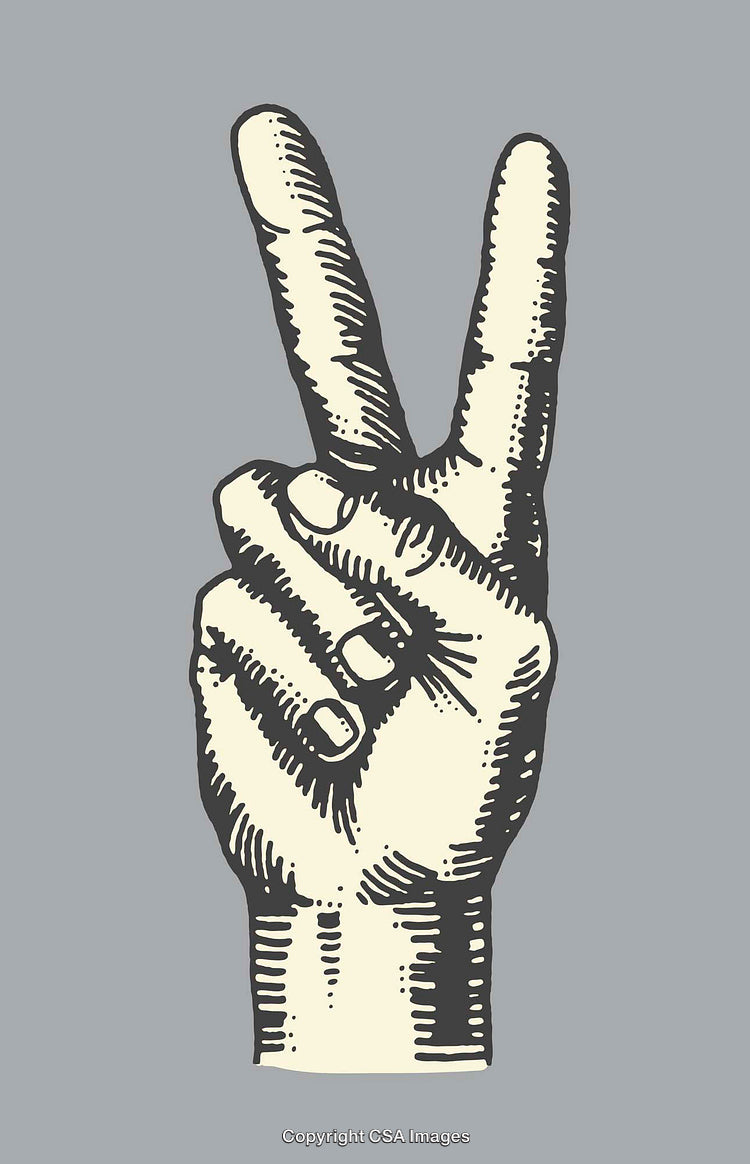 Detailed Hand Gesture Illustration Depicting the Peace Sign in Line Art