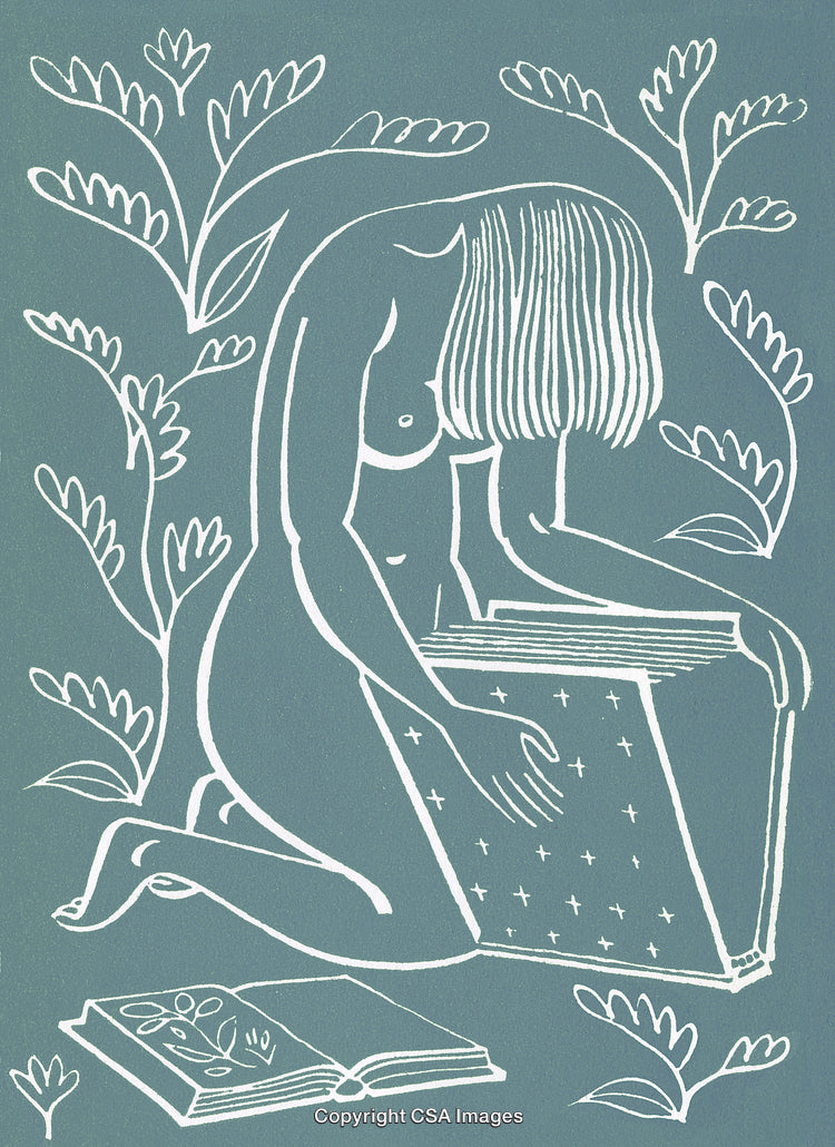 Abstract Female Figure Kneeling With Books in a Nature-Inspired Setting