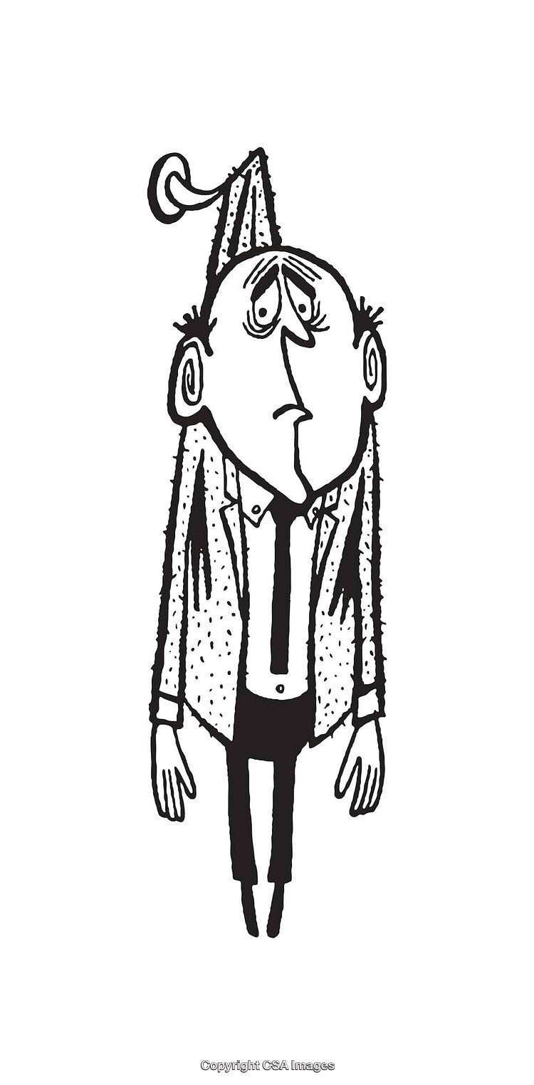 Black and White Cartoon Depicting a Melancholy Businessman in Simple Line Art