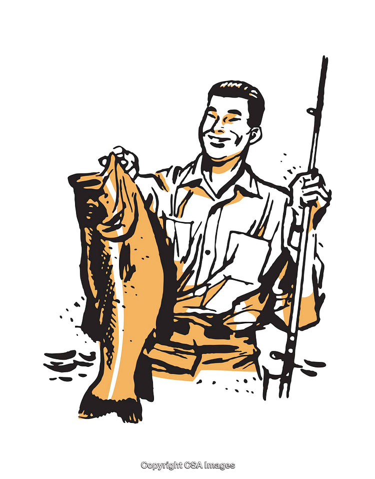 Illustration of a Fisherman Displaying a Caught Fish with Rod in Hand